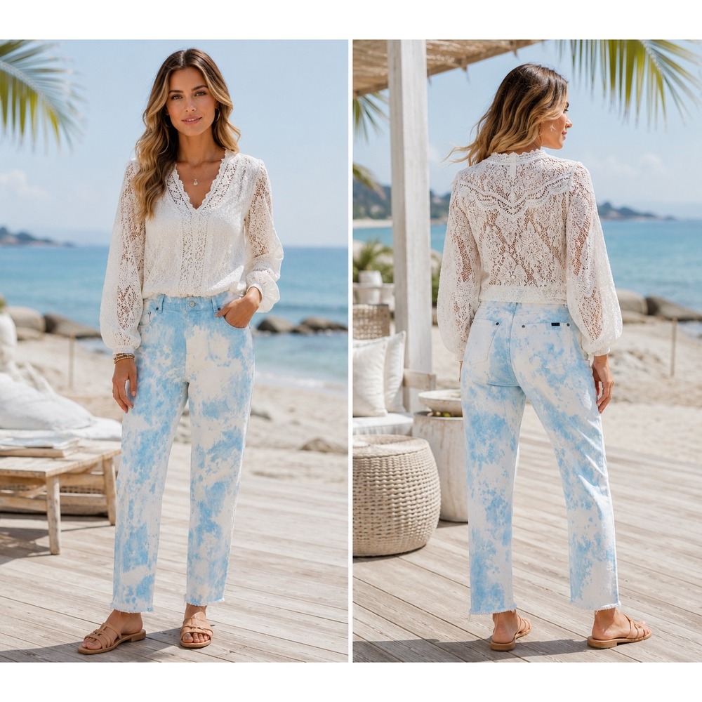 HUE Tie Dye Denim Legging Blue White Cloud Wash High Rise Raw Hem Skimmer Medium